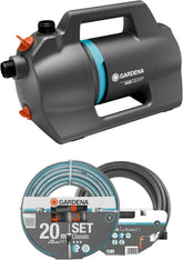 Set silențios pentru pompă de grădină Gardena 4100: Pompă de irigații foarte silențioasă și inovatoare, cu racord de aspirație de 3,5 m și furtun Classic de 20 m, debit 4100 l/h, motor de 550 W, impermeabilă, economică (9051-20)