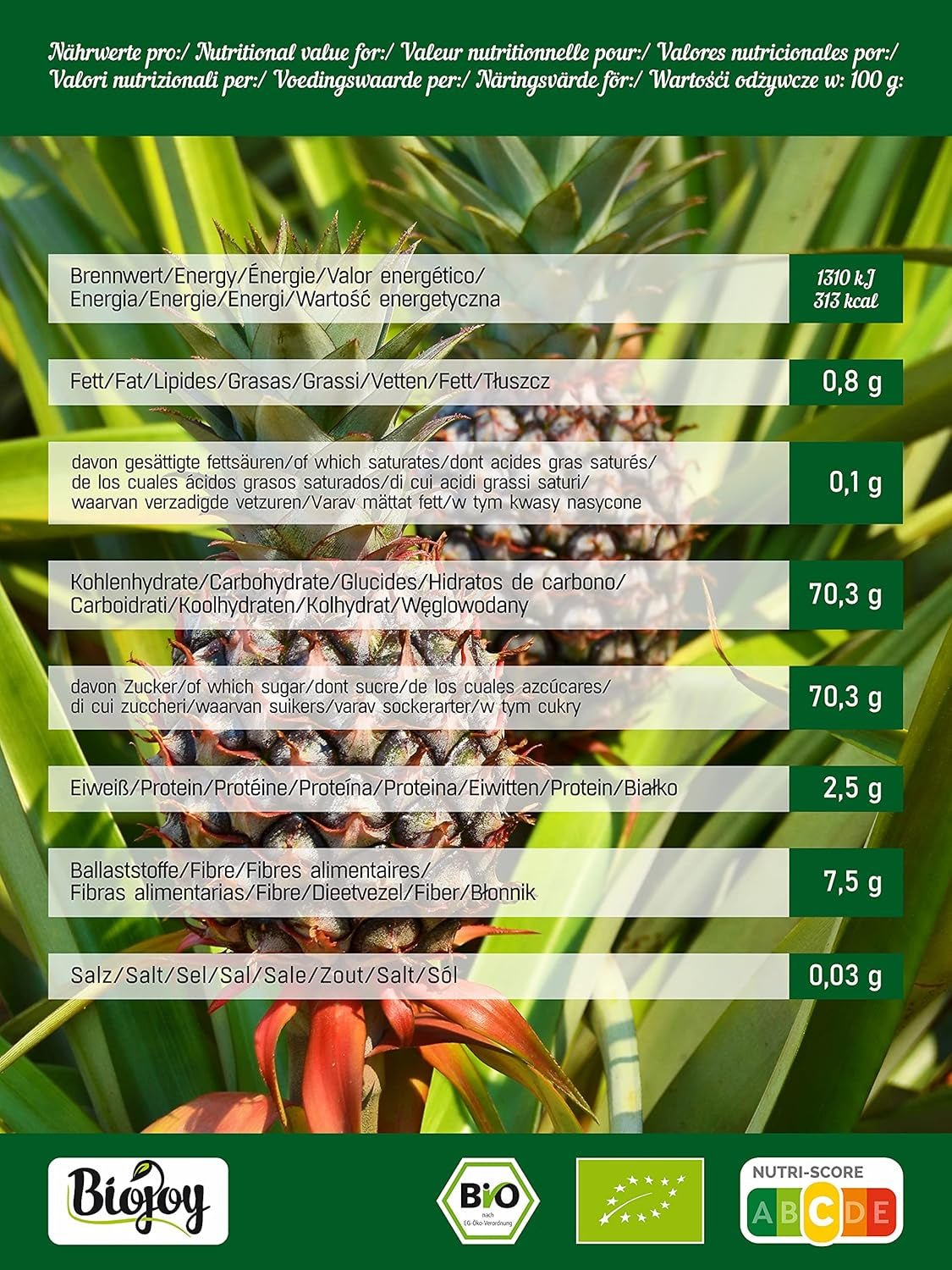 Inele de ananas Biojoy BIO, uscate (1 kg), nesulfurate Produse deshidratate Naty Shop