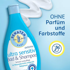 PENATEN Ultra Sensitive Bath & Shampoo (400 ml), baie și șampon pentru bebeluși deosebit de blând pentru pielea foarte sensibilă a bebelușilor predispuși la neurodermatită, gel de duș și șampon de păr fără parfum și coloranți Copii - Baie si Skincare Naty Shop