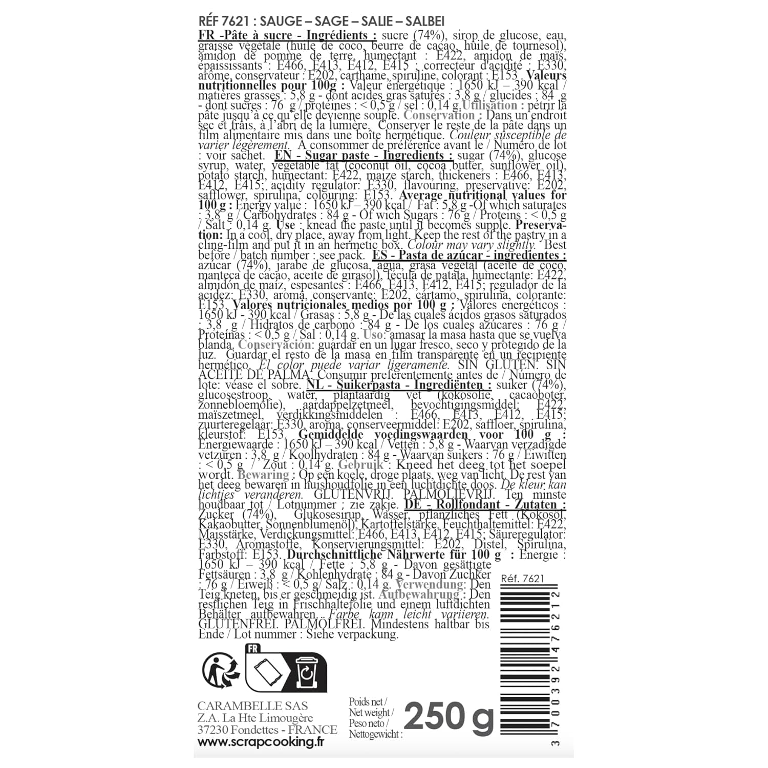 ScrapCooking - Pâte à Sucre Vert Sauge 250g - Colourant d'Origine Naturelle - Sans Gluten, Sans Huile de Palme - Pour Gâteaux, Pâtisseries Anniversaire - Vert Pastel - Fabriquée en France - 7621 Pasta de zahar Naty Shop