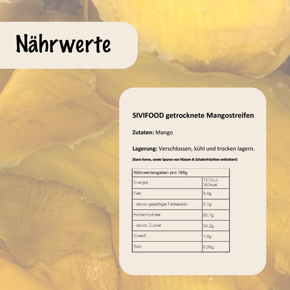 SIVIFOOD mango uscat 1kg - fâșii de mango uscat fructe exotice uscate nesulfurate fără adaos de zahăr natural natural vegan bogat în vitamine mango uscat fructe vitaminizate snack 1000g Produse deshidratate Naty Shop
