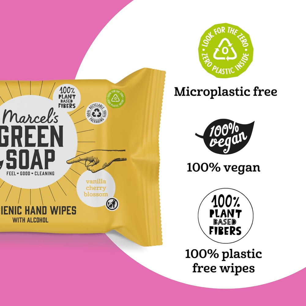 Marcel's Green Soap Handfeuchttücher, 60er-Pack – Vanille und Kirschblüte – auf pflanzlicher Basis – biologisch