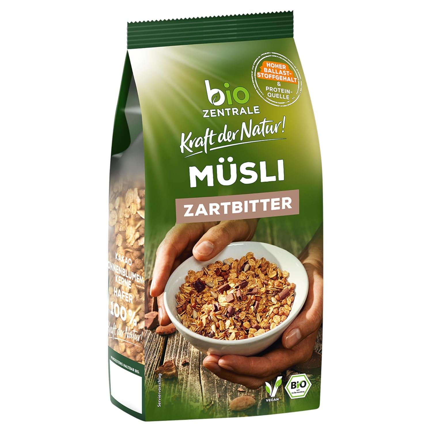Biozentrales Müsli mit dunkler Schokolade | 500g Bio-Vegan | Ideal zum Frühstück und für die Tasse Müsli zum Mitnehmen | Alternative zu Müsliriegeln