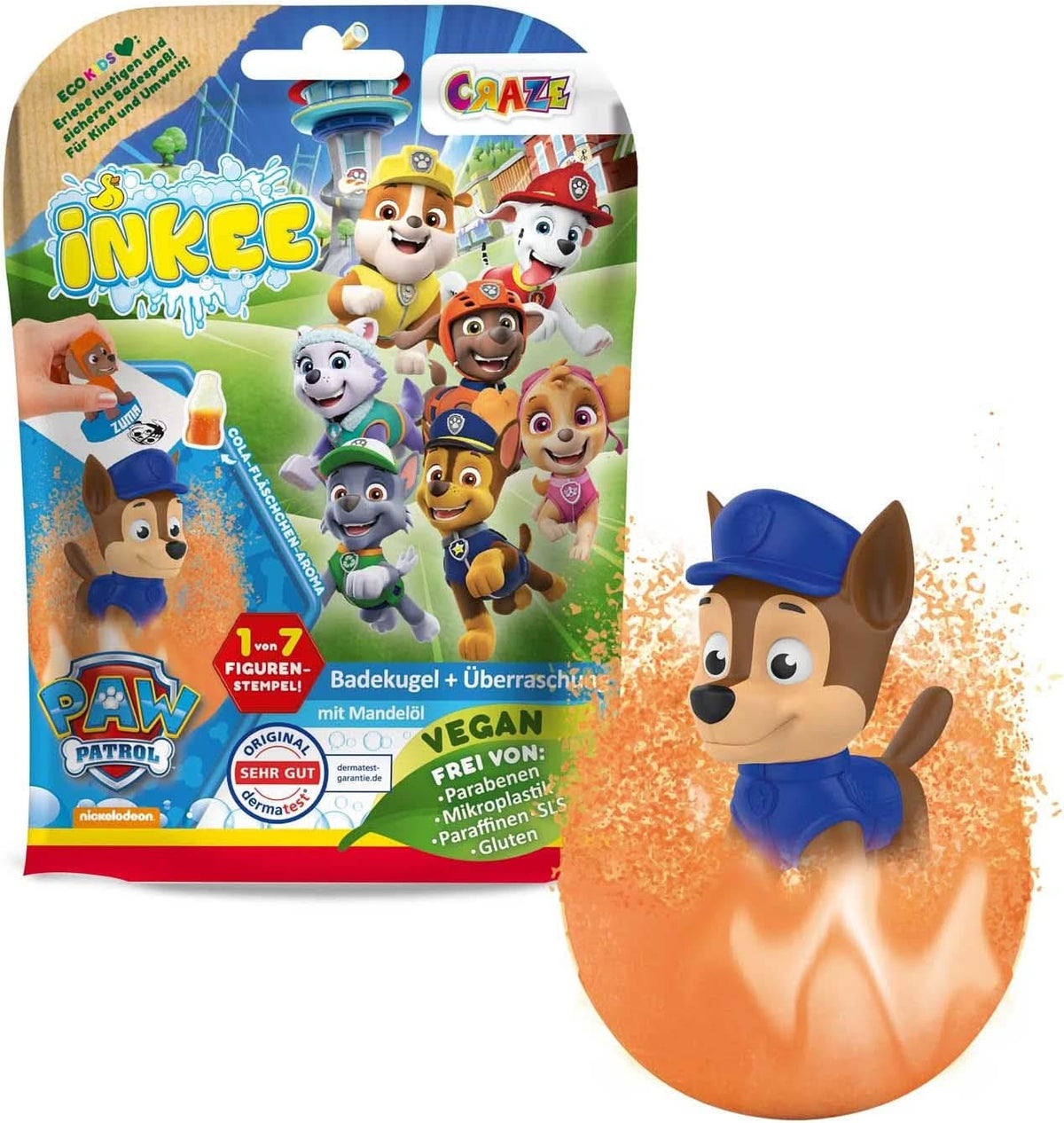 INKEE SURPRISE PAW PATROL, Badebombe für Kinder mit Überraschung, Cola-Geschmack, Schaumeffekt, 80 Gramm Dusche und Bad Naty Shop Originalprodukt