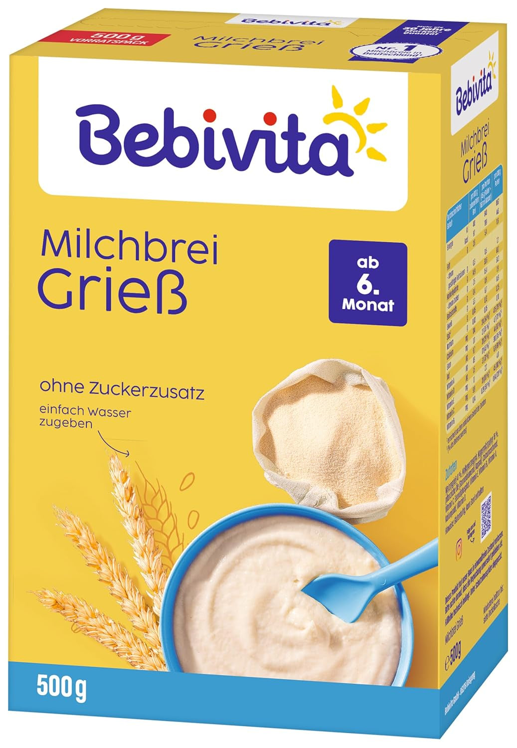 Grießbrei mit Milch (4 x 500g), Nahrung für Babys ab 6 Monaten, ohne Zuckerzusatz, mit wertvollen Mineralien und Vitaminen, sehr sättigend
