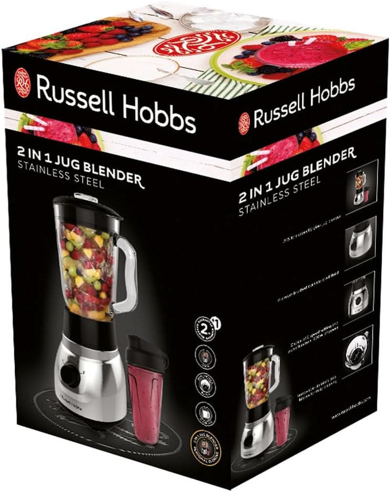 Russell Hobbs Standmixer 2-in-1 [1,5L Glasbehälter Mixer & 0,6L Mini Smoothie Maker -To-Go-Trinkflasche inkl. Deckel] Spülmaschinenfest, Impuls-/Ice-Crush-Funktion, Becher BPA Frei, Edelstahl 23821-56 Kitchen Naty Shop