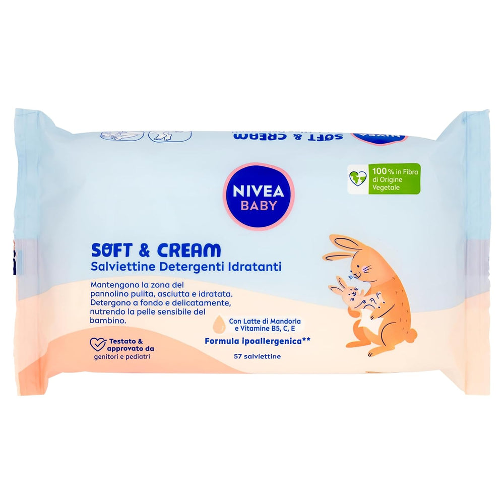 NIVEA Baby Moisturizing Cleansing Wipes Soft & Cream, 57 Stück, für saubere, trockene und hydratisierte Haut, Babytücher mit Mandelmilch und den Vitaminen B5, C und E