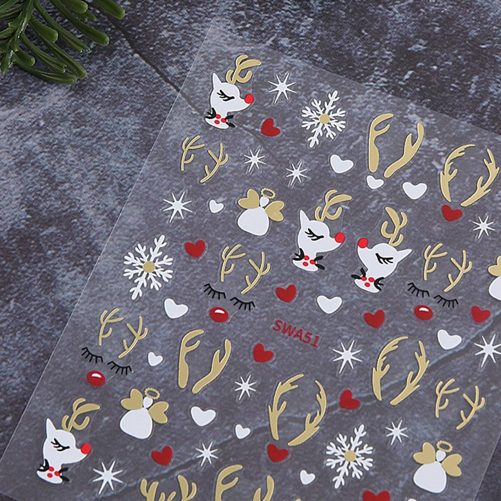 Autocolante de unghii cu fulgi de zăpadă și desene animate, autocolante de unghii de Crăciun, autoadezive, design de unghii de Crăciun, artă pentru unghii, cerbi, fulgi de zăpadă, autocolante de unghii de Crăciun, accesorii pentru unghii de iarnă