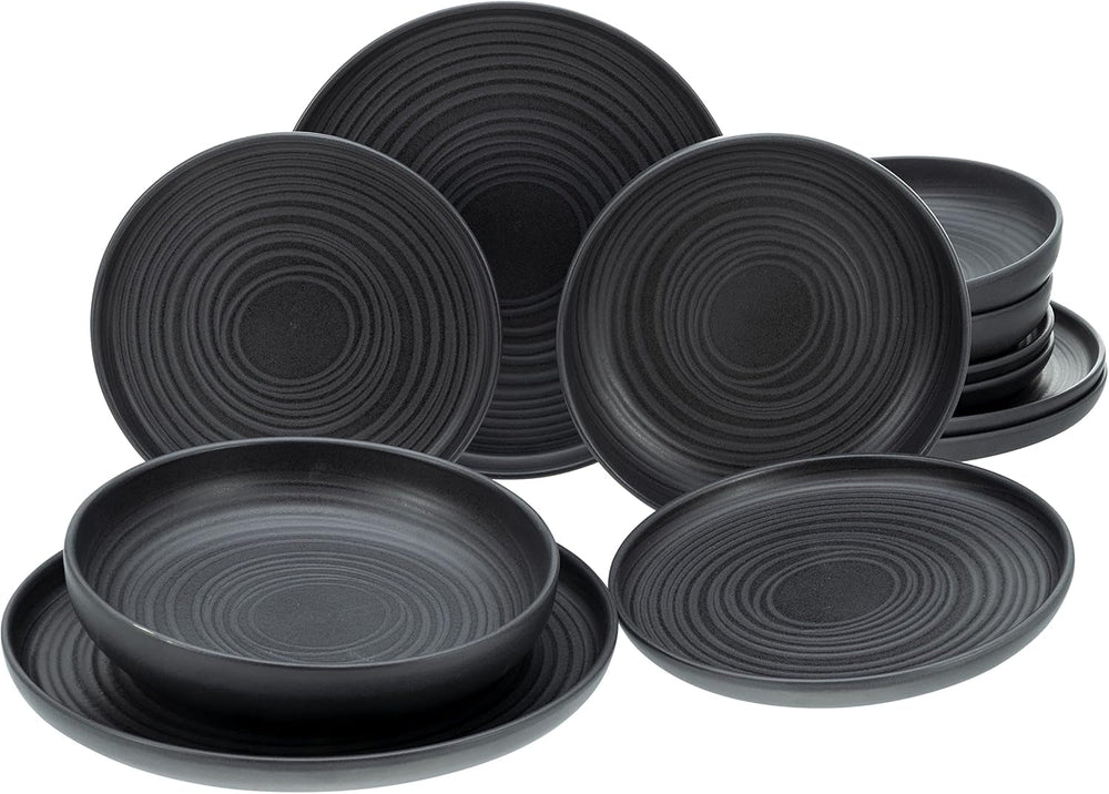 Creatable, 22979, Serie Uno BLACK, 12-Teiliges Geschirrset, Teller Set Aus Steinzeug, Spülmaschinen- Und Mikrowellengeeignet, Made in Portugal Seturi vesela masa Naty Shop Black Lava Stone Tafelservice 12 Teilig