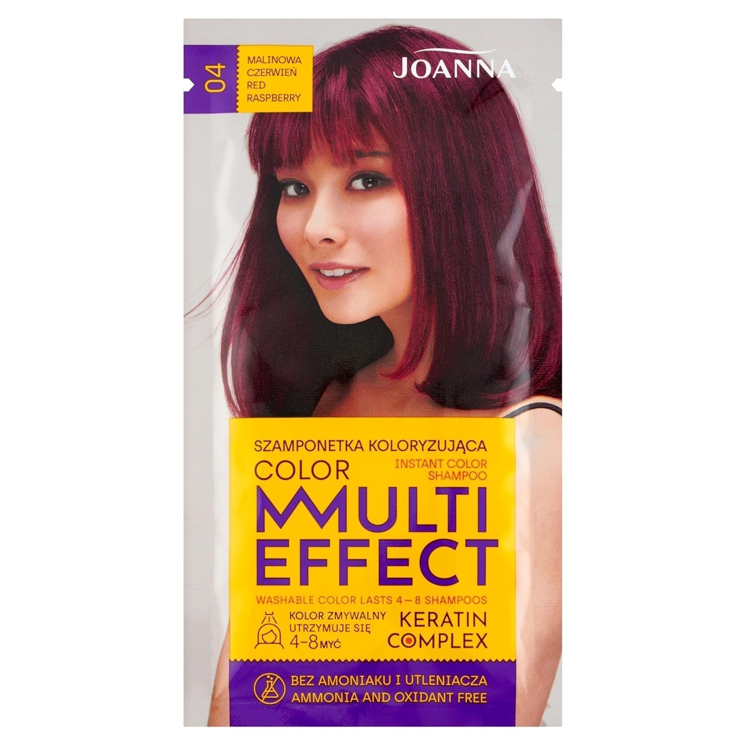 Șampon colorant Joanna "Multi Effect" - Șampon colorant pentru păr într-un plic - Rezistă între 4 și 8 spălări - Colorarea părului fără amoniac și agenți oxidanți - Cappuccino aromat Vopsea pentru par Naty Shop Roșu zmeură