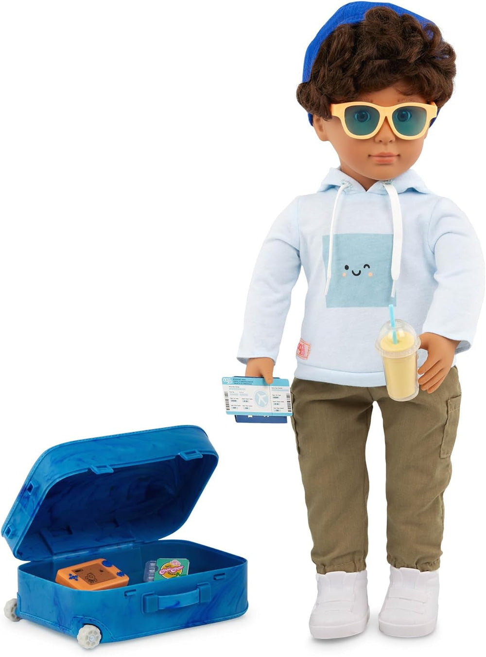 Our Generation – Milo – Păpușă băiat 46 cm – Ochi căprui realiști și păr castaniu creț – Bagaj cu roți și accesorii de călătorie – Joc de simulare – Jucărie pentru copii cu vârsta de 3 ani și peste