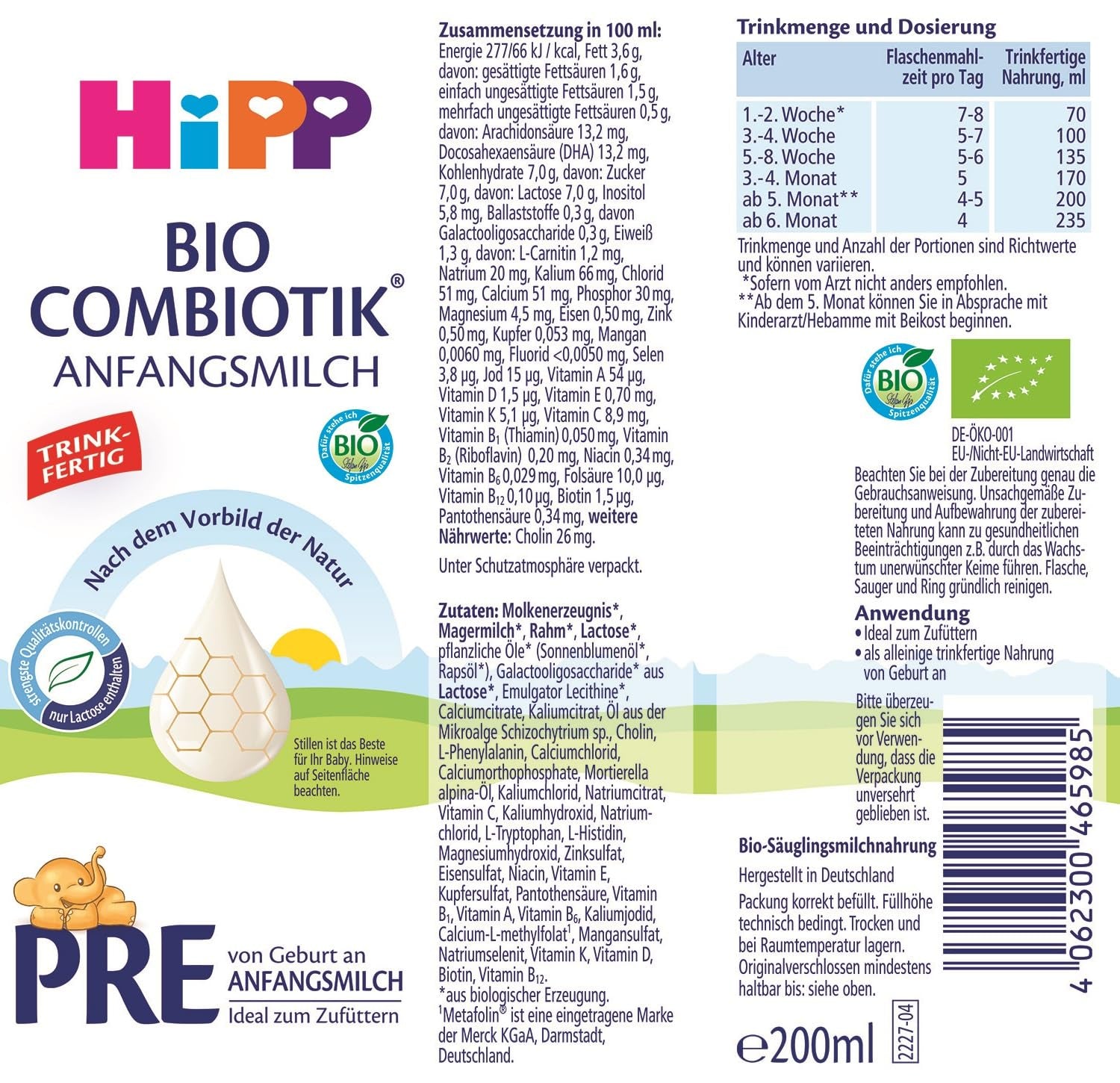 HiPP PRE Bio-Combiotic-Formel, trinkfertig (6 x 200 ml). Säuglingsmilch von Geburt an enthält nur Laktose als Kohlenhydrate, beste Bio-Qualität