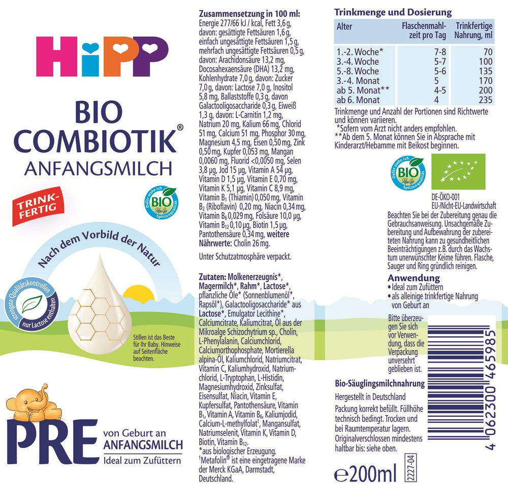 HiPP PRE Bio-Combiotic-Formel, trinkfertig (6 x 200 ml). Säuglingsmilch von Geburt an enthält nur Laktose als Kohlenhydrate, beste Bio-Qualität