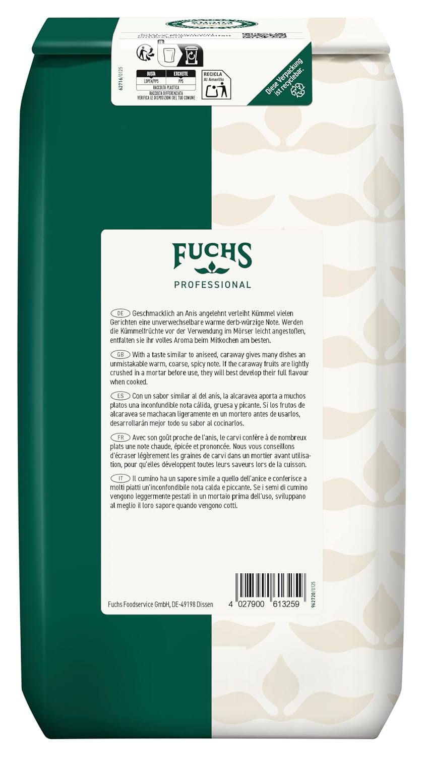 Fuchs Professional - Kümmel ganz | Ungemahlen, zum Würzen von Bratkartoffeln oder Krautgerichten | Profi-Qualität für Großverbraucher und Gastronomie | 1 kg im recycelbaren Beutel
