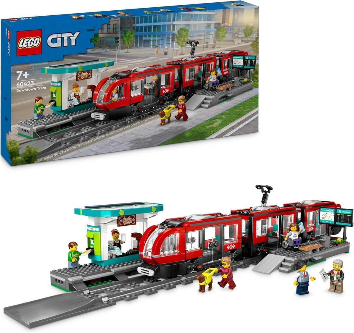 LEGO City Straßenbahn mit Bahnhof, Geschenkidee für Fahrzeugspielzeugfans ab 7 Jahren, mit 6 Minifiguren und einem Blindenhund zum Rollenspiel, Bauspielzeug 60423 Bausets Besuche den LEGO-Store Standardtitel