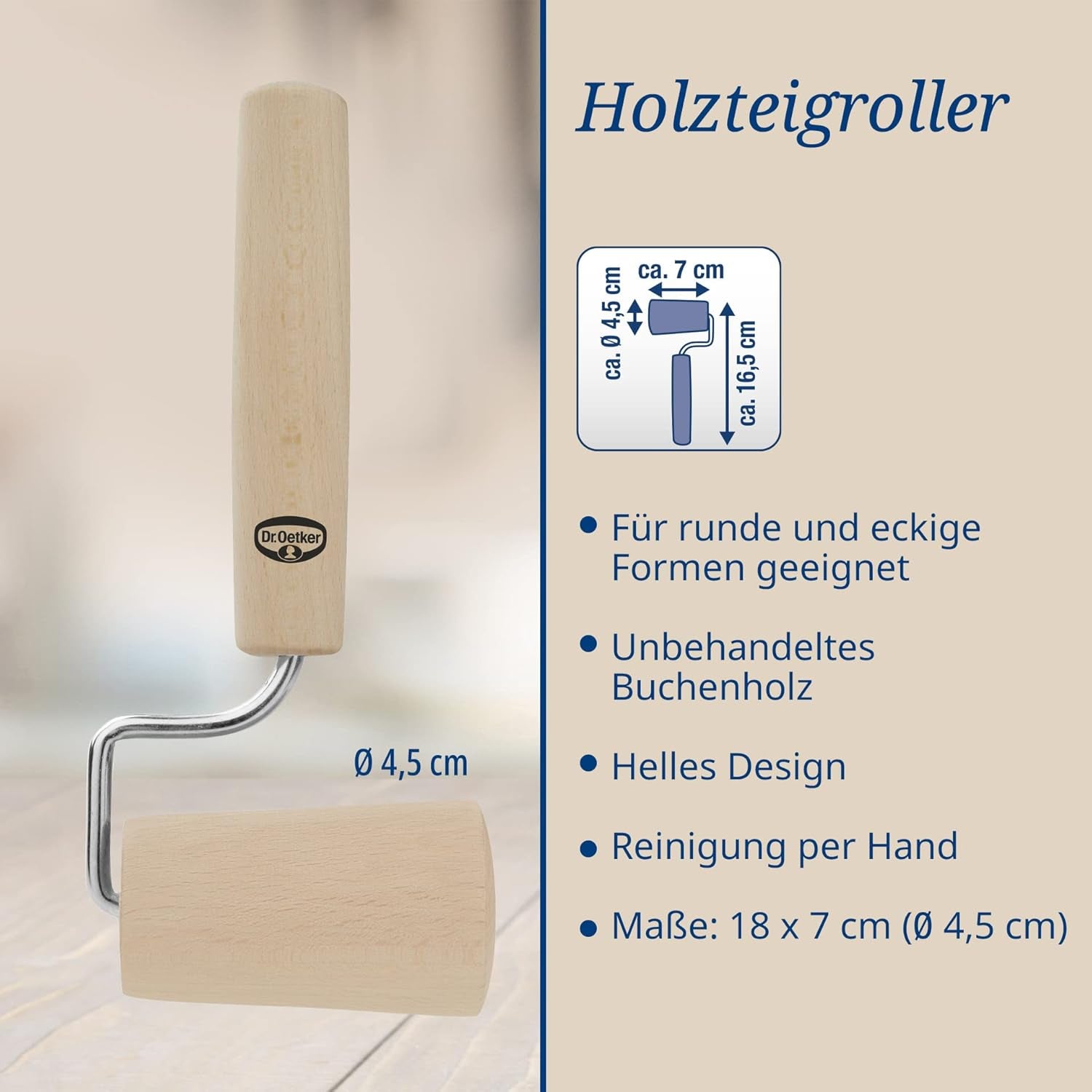 Dr. Oetker Teigroller aus Holz – Teigrolle aus hochwertigem Buchenholz – Perfekt für runde und eckige Formen – ca. 18 x 7 cm, Rollendurchmesser ca. 4,5 cm