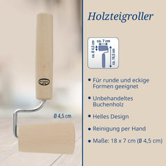 Dr. Oetker Teigroller aus Holz – Teigrolle aus hochwertigem Buchenholz – Perfekt für runde und eckige Formen – ca. 18 x 7 cm, Rollendurchmesser ca. 4,5 cm