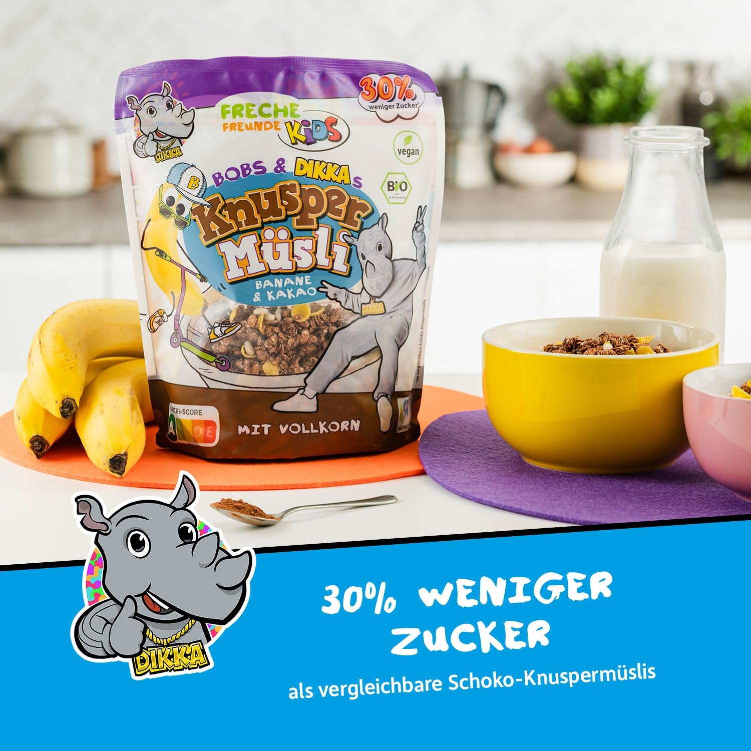 FRECHE FREUNDE KIDS, Bobs & DIKKAs Knuspriges Bananen-Kakao-Müsli, knuspriges Schokoladen-Müsli für Kinder, wenig Zucker, ohne Zusatzstoffe, 100 % vegan, 6 Stück (6 x 280 g)