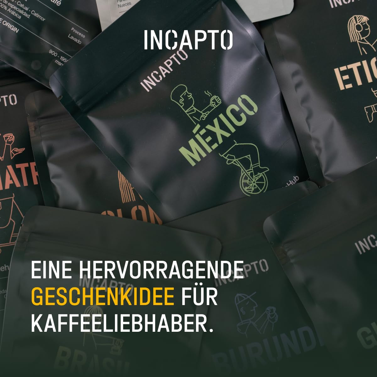 Selecție de boabe de cafea Incapto la nivel mondial | Selecție de 10 origini din întreaga lume | Cafea de specialitate | 100% Arabica | Ideal ca set cadou de cafea | Pentru iubitorii de cafea | 10 pachete x 100g