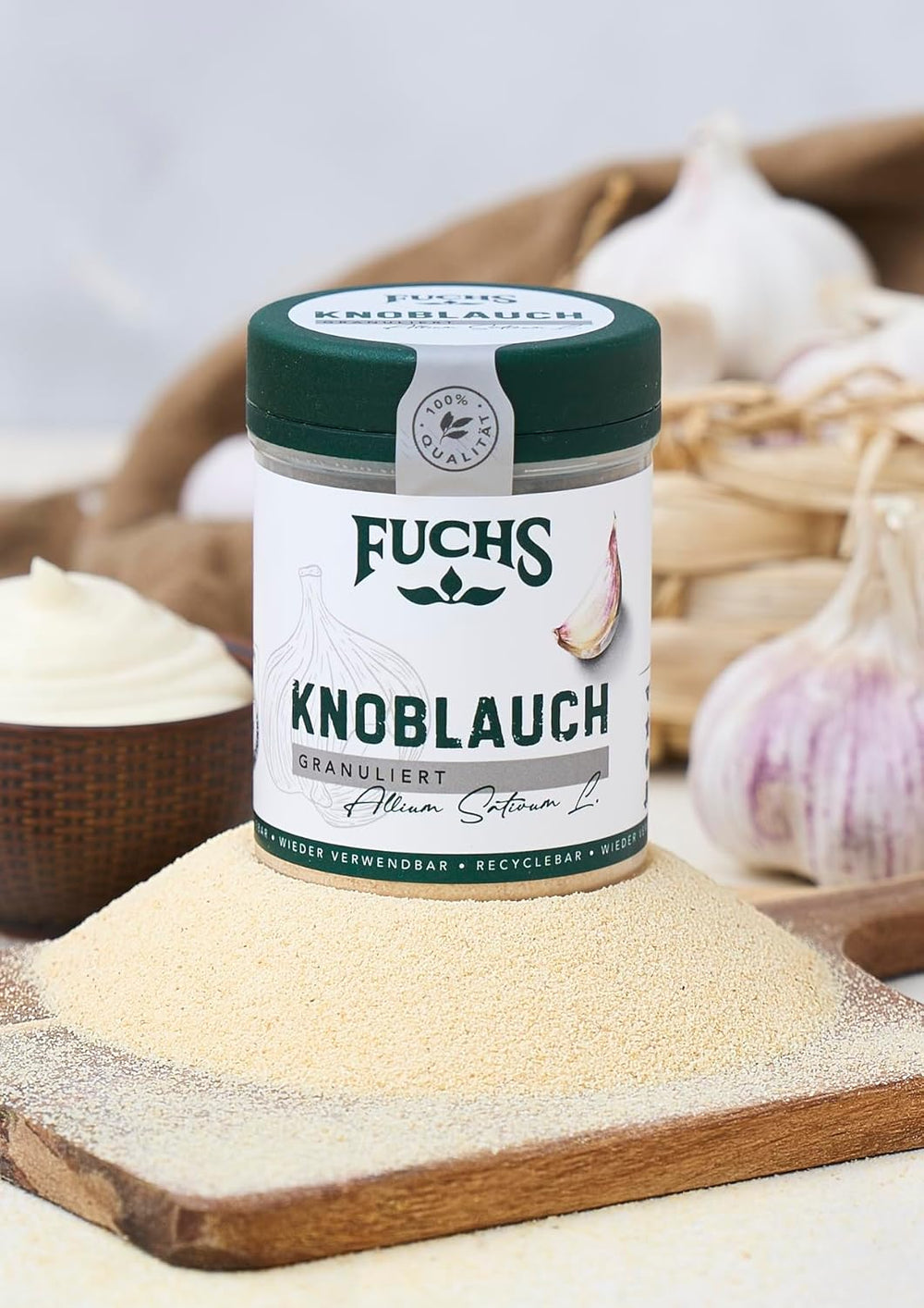 Fuchs Gewürze - Knoblauch granuliert - würzig-zwiebliger Geschmack für Tzatziki, Knoblauchbutter oder Gemüsegerichte - natürliche Zutaten - 85 g in wiederverwendbarer, recyclebarer Dose