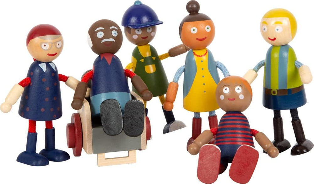 small foot Biegepuppen-Familie Diversität, 6 Puppen aus Holz unterschiedlichen Alters, Geschlechts und Hautfarbe, 12396