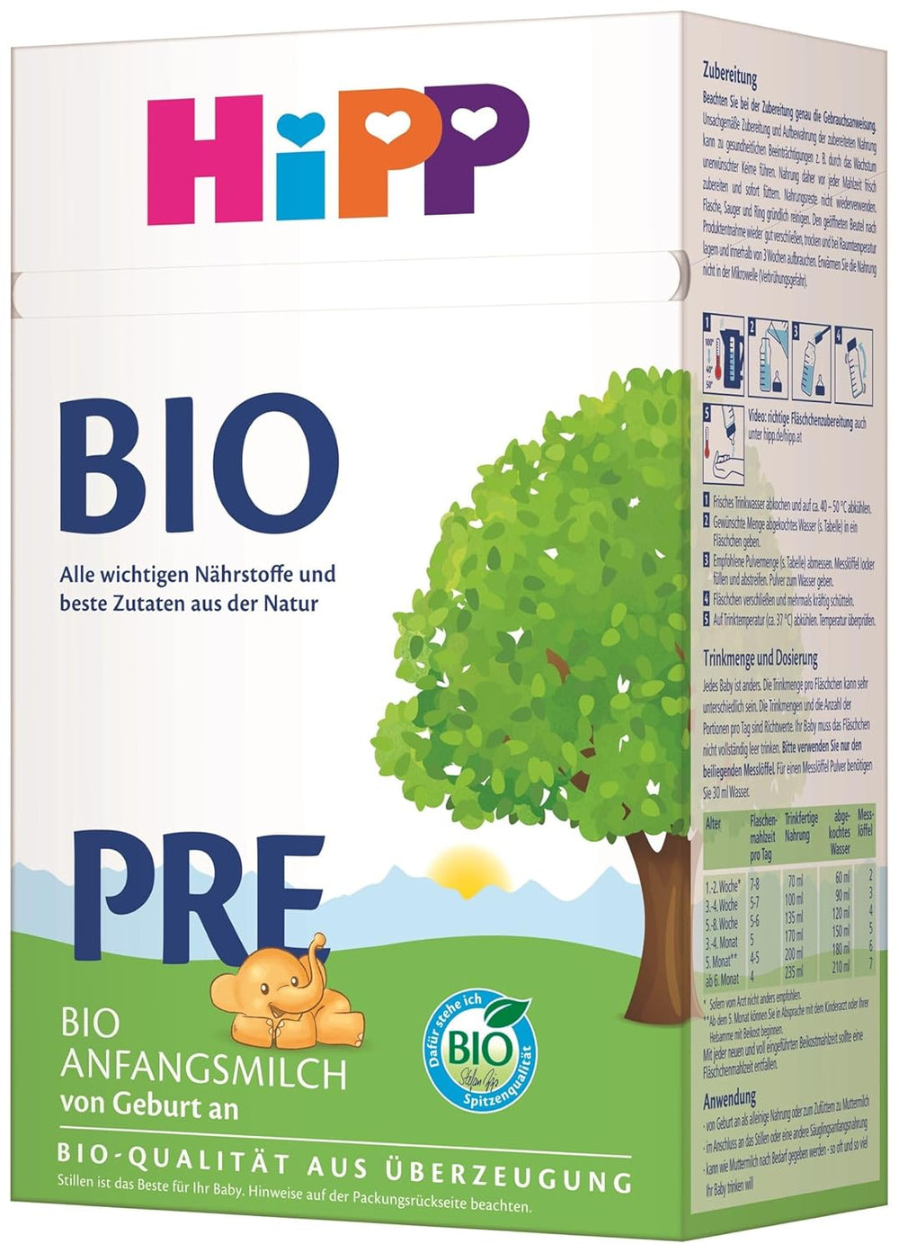 HiPP PRE Bio-Säuglingsmilch (4 x 600g), ab der Geburt, enthält als Kohlenhydrat ausschließlich Laktose, in bester Bio-Qualität