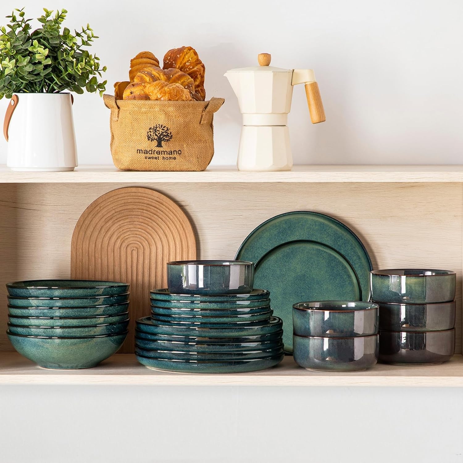 Set de veselă modern pentru 6 persoane, set de veselă din gresie Vancasso STARRY cu 24 de piese, set combinat verde, serviciu de cină pentru 6 persoane, inclusiv farfurii de cină, farfurii de desert, farfurii de supă și boluri pentru cereale