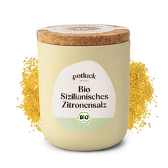 Potluck | Bio Sizilianisches Zitronensalz | Gewürzsalz für Fisch, Meeresfrüchte, Gemüse, Salat und Dressings | 140g im Keramiktopf
