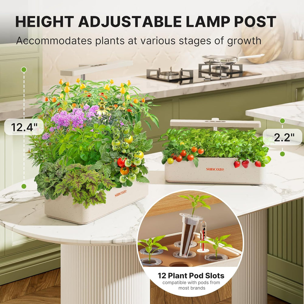 12 Kapseln Hydrokultur-Anbausystem-Kit, 24-W-LED-Gartenlampe für den Innenbereich, 4-Liter-Wassertank mit leiser Pumpe, höhenverstellbarer Kräuterpflanzer, Indoor-Gartenset, Gartengeschenke, Beige