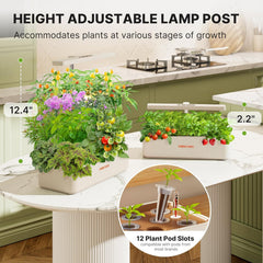 12 Kapseln Hydrokultur-Anbausystem-Kit, 24-W-LED-Gartenlampe für den Innenbereich, 4-Liter-Wassertank mit leiser Pumpe, höhenverstellbarer Kräuterpflanzer, Indoor-Gartenset, Gartengeschenke, Beige