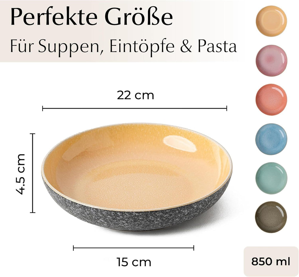MIAMIO - Farfurii de masă, set de 6 (850 ml) / Farfurii mari și adânci pentru paste, set de farfurii pentru 6 persoane, bol de salată ceramic / Se poate spăla în mașina de spălat vase și în cuptorul cu microunde - Colecția Las Palmitas