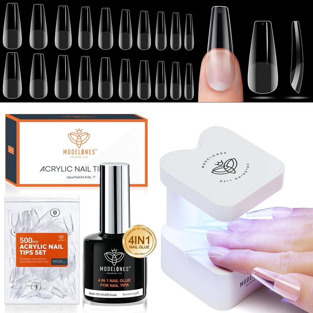 Modelones Kit pentru unghii și gel adeziv 500 buc. Set extensii unghii cu gel adeziv Kit unghii cu gel, adeziv unghii și mini lampă unghii acoperire completă vârfuri unghii presă pe Nail Art Studio Salon DIY