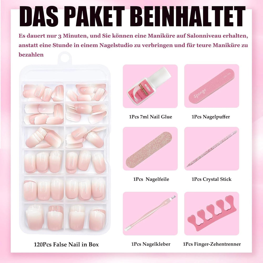 120 buc unghii false roz nud cu lipici de unghii - 12 dimensiuni unghii ovale scurte, pătrate, prin presare - unghii frumoase, unghii artificiale pentru lipire - potrivite pentru designul unghiilor DIY pentru femei (gradient roz Squoval)