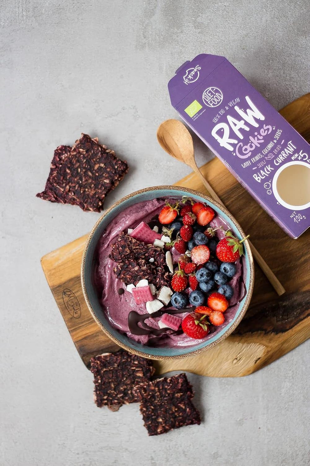 DIET-FOOD RAW Fursecuri cu coacăze negre organice Gustare sănătoasă Fursecuri delicioase pentru birou, fără conservanți 100 g (1 pachet)