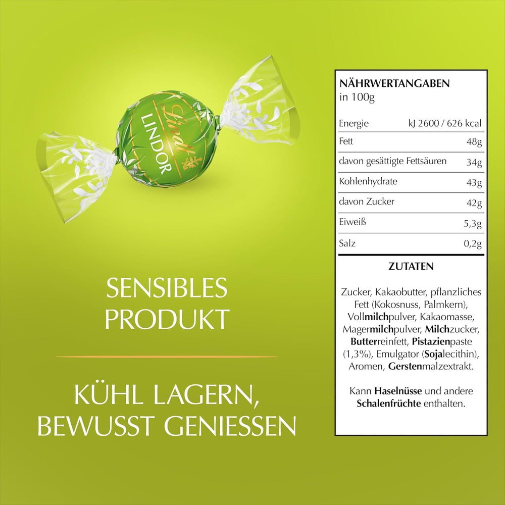 Lindt LINDOR Schokolade mit Pistazien | 1 kg wiederverschließbarer Beutel | ca. 80 Milchschokoladenkugeln mit zartschmelzender Pistaziencremefüllung | Großpackung, Pralinengeschenk