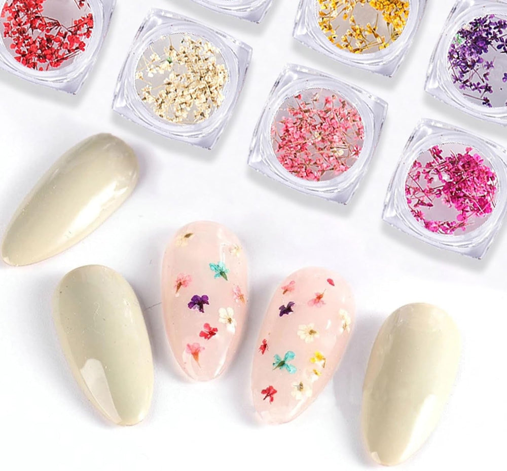 Flori uscate pentru unghii, 8 borcane, flori uscate 3D pentru unghii, autocolante colorate naturale pentru unghii, flori uscate, accesorii pentru unghii pentru decorarea unghiilor, meșteșuguri DIY