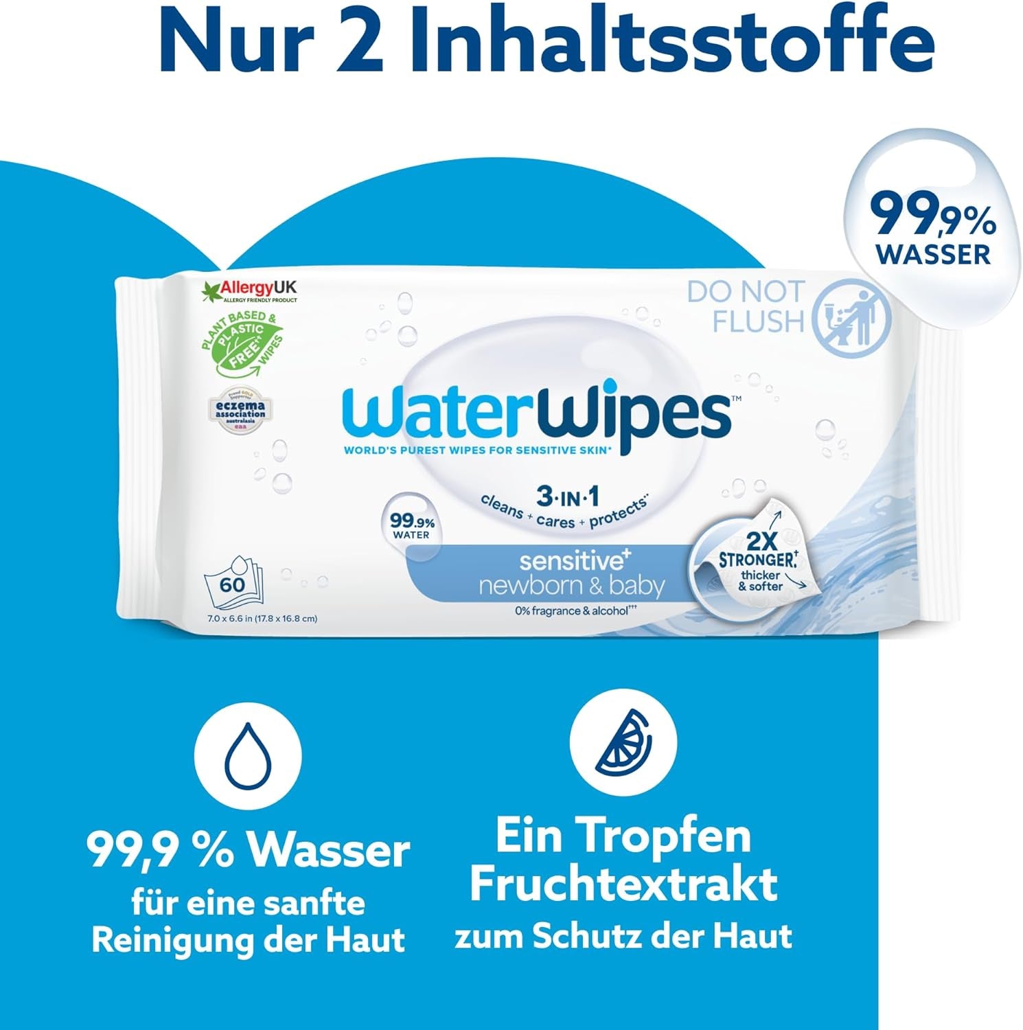 WaterWipes Sensitive+ Feuchttücher für Neugeborene und Babys, 240 Stück (4er-Pack), 3-in-1-Reinigung, Pflege, Schutz, 99,9 % Wasser, parfümfrei