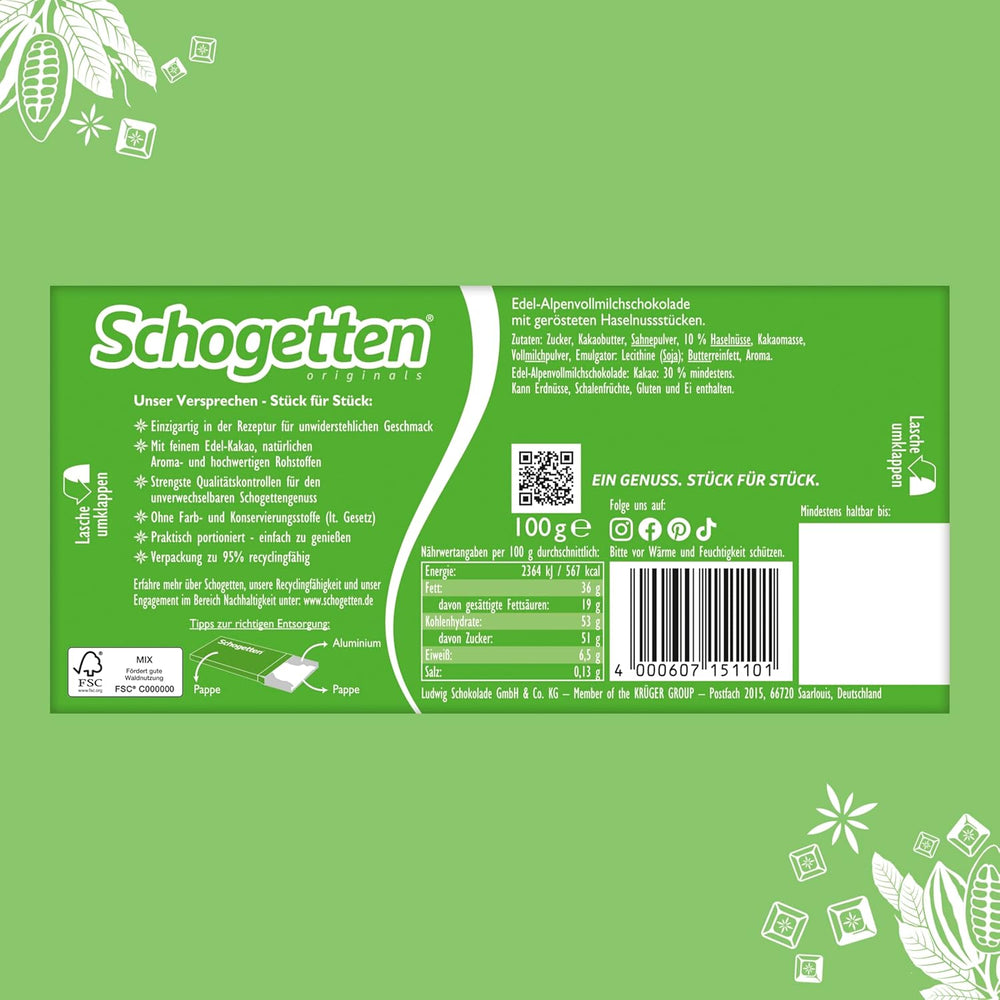Schogetten Premium Alpenmilch Schokolade mit Haselnüssen, 100g Tafelschokolade, einzeln portioniert. Eine Freude. Stück für Stück.