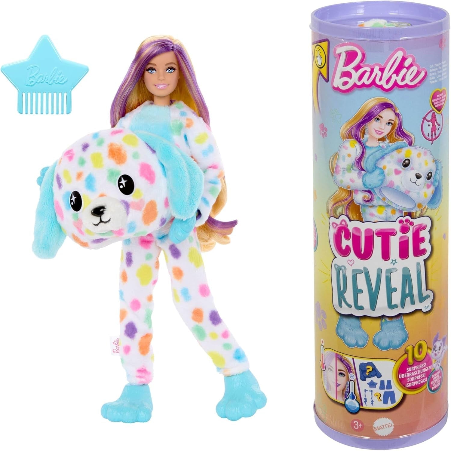 Barbie Cutie Reveal Puppe und Zubehör, Batik-Häschen-Plüschkostüm und 10 farbwechselnde Überraschungen, Color Dream-Serie, HRK38 Naty Shop Puppen Regenbogen-Dalmatiner