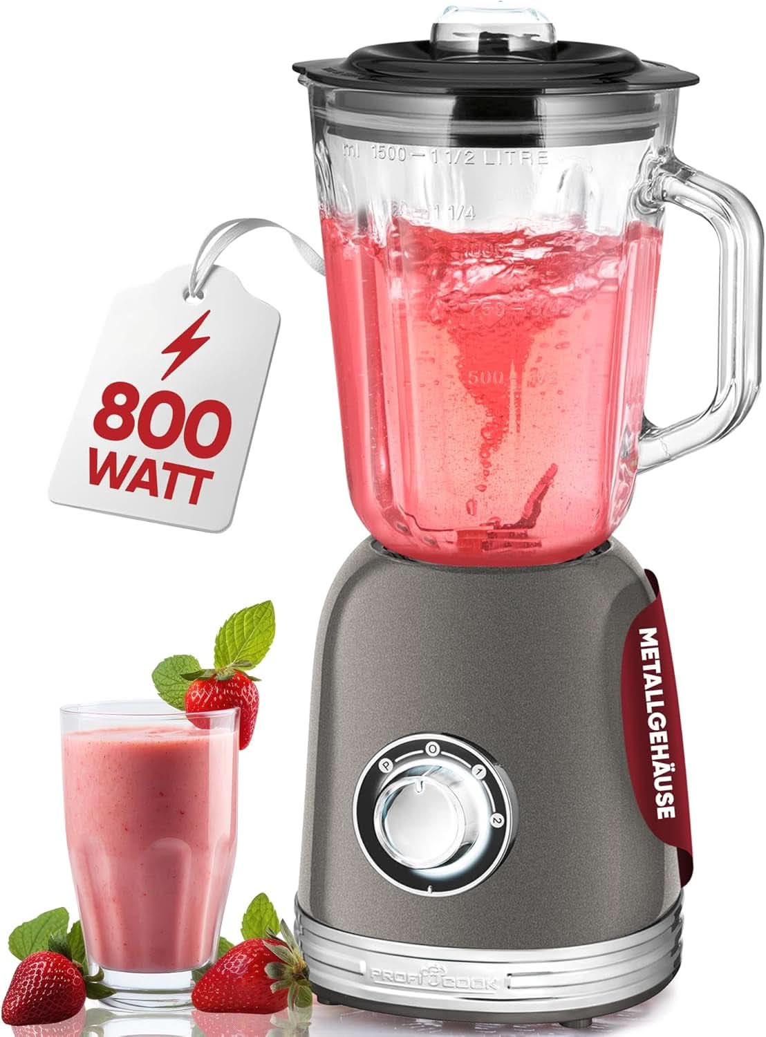 Proficook® Mixer Standmixer Mit Massivem 1.5L Glas-Behälter, Ice Crush & Turbo-Modus - Blender Mit 4Fach Piranha-Messer Aus Edelstahl - Hochleistungsmixer Mit Metallgehäuse 800W, PC UM 1195 Anthrazit Mutter und Kind Naty Shop