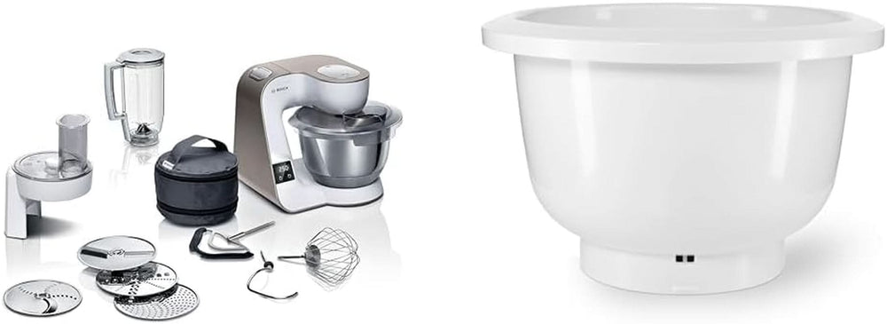 Bosch Serie 4 MUM5X720 Küchenmaschine, integrierte Waage, Edelstahlschüssel 3,9 l, Mixer 1,25 l, 1000 W Zubehör Essen und Stillen Baby Naty Shop Paket mit Rührschüssel Champagnerweiß 2 Zubehörteile