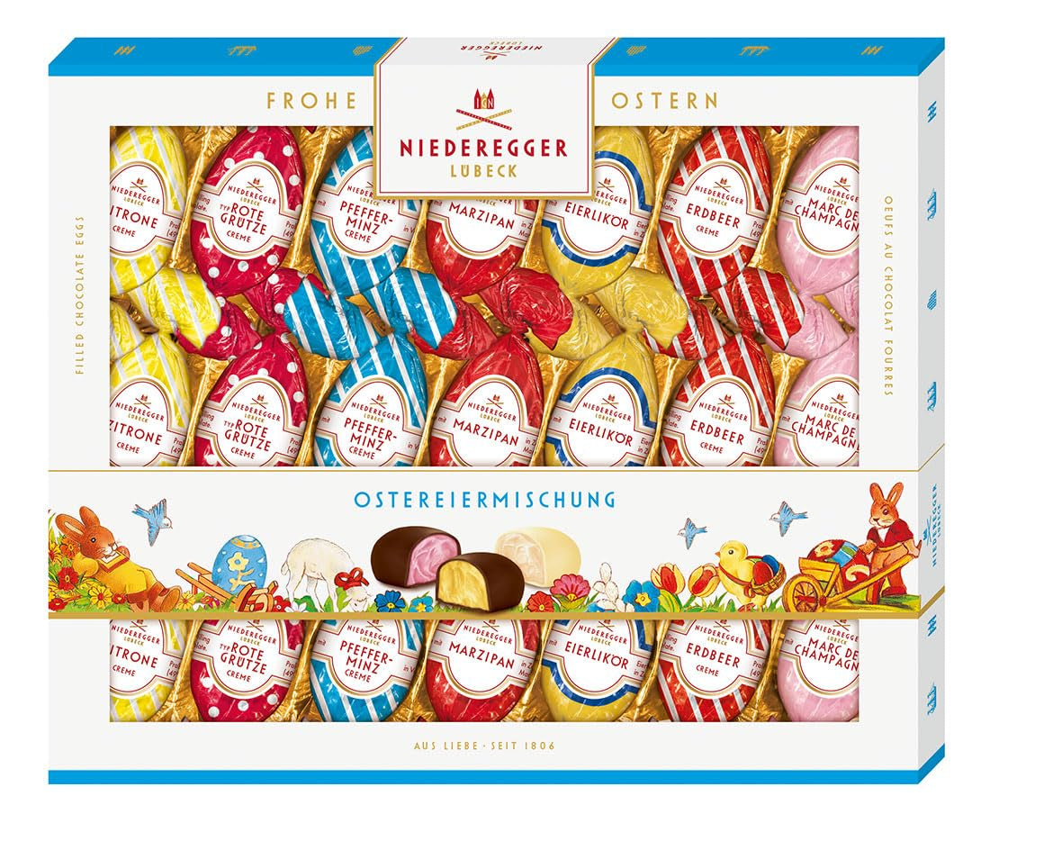 Niederegger | Ostereimischung | 1 x 262g | Ostereier mit verschiedenen Marzipan- und Pralinenfüllungen | Überzogen mit dunkler und weißer Schokolade | Ostergeschenk