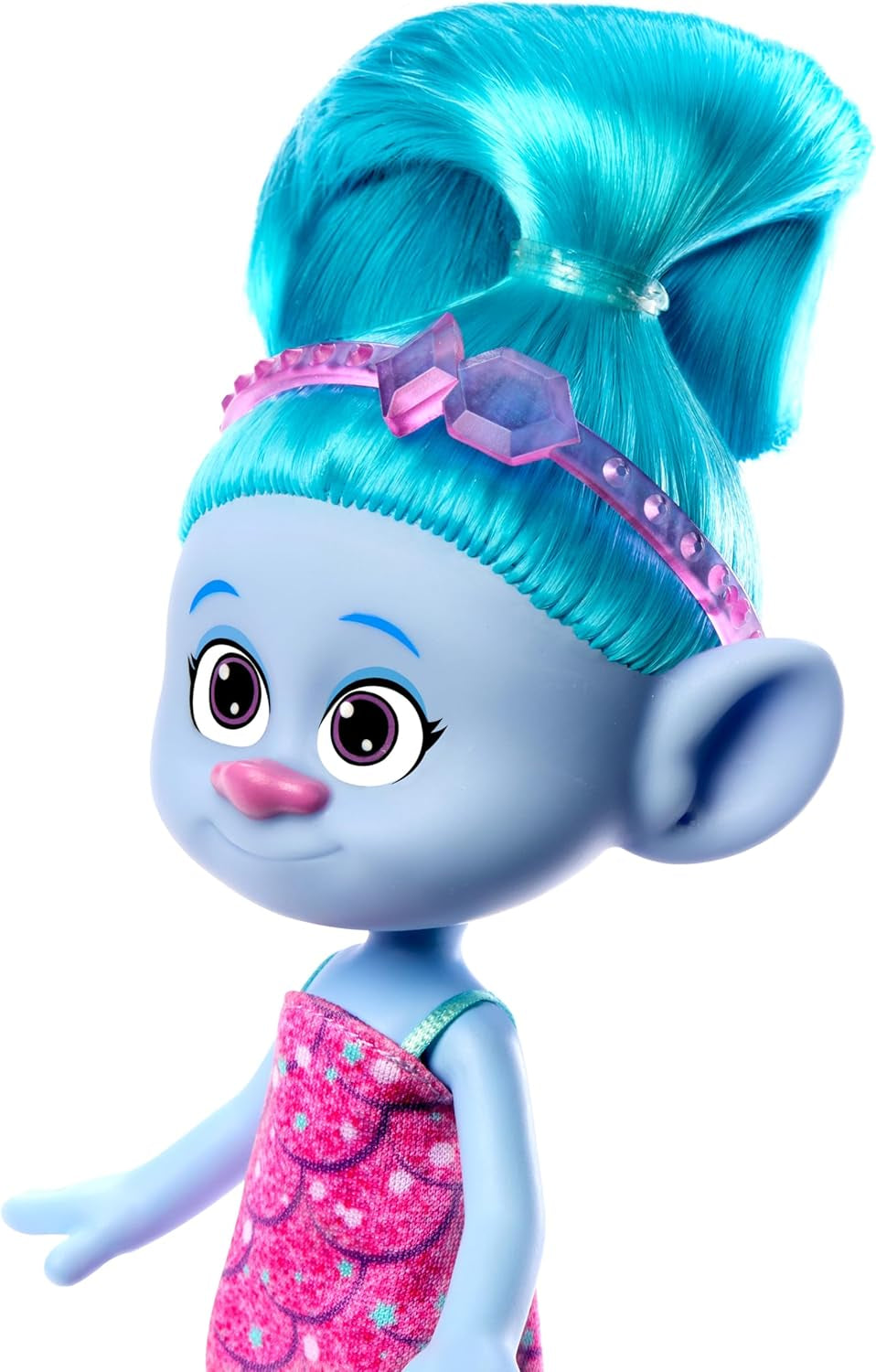 Mattel DREAMWORKS TROLLS Gemeinsam Stark – Haarige Überraschungen Chenille Puppe mit leuchtend blauen Haaren zum Stylen, lila Stirnband, für Kinder ab 3 Jahren, HNF15