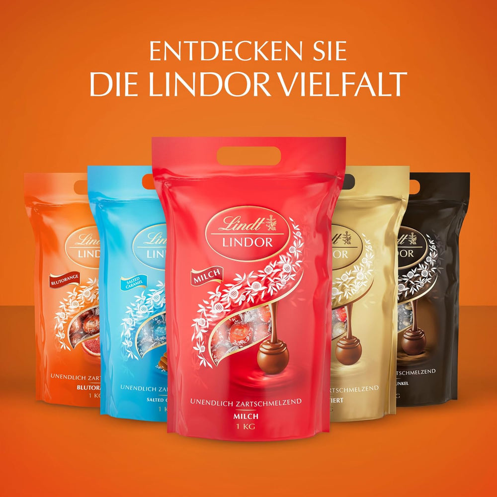 Lindt LINDOR Rot-Orangen-Schokoladenkugeln | 1 kg wiederverschließbarer Beutel | ca. 80 Pralinen mit zartschmelzender Füllung | Großpackung, Schokoladengeschenk