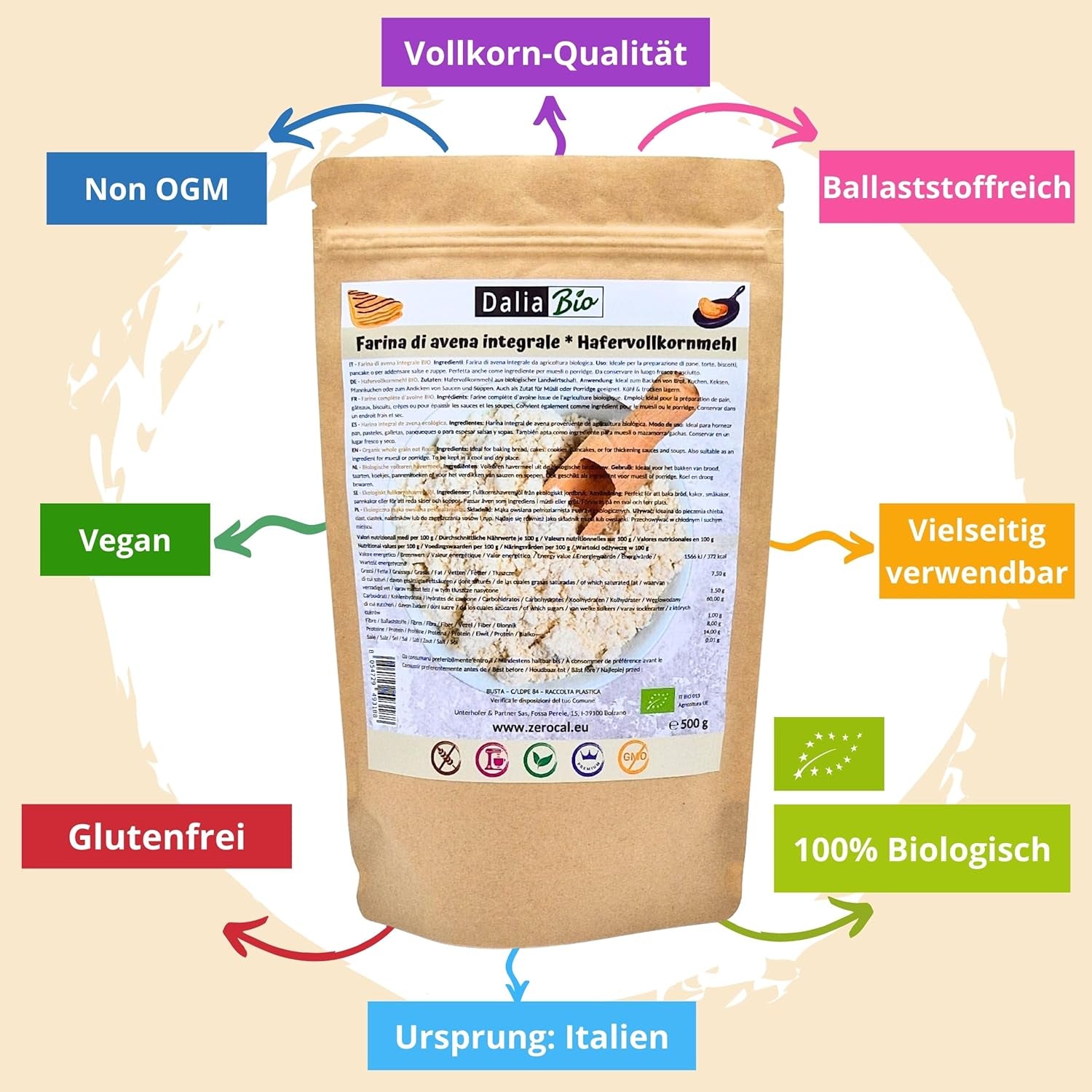 Dalia - Bio-Vollkornhafermehl 500g | Glutenfrei | Reich an Ballaststoffen und Proteinen Herkunft: Italien | Für Brot, Kuchen, Porridge und Fitness-Rezepte | Premium-Qualität