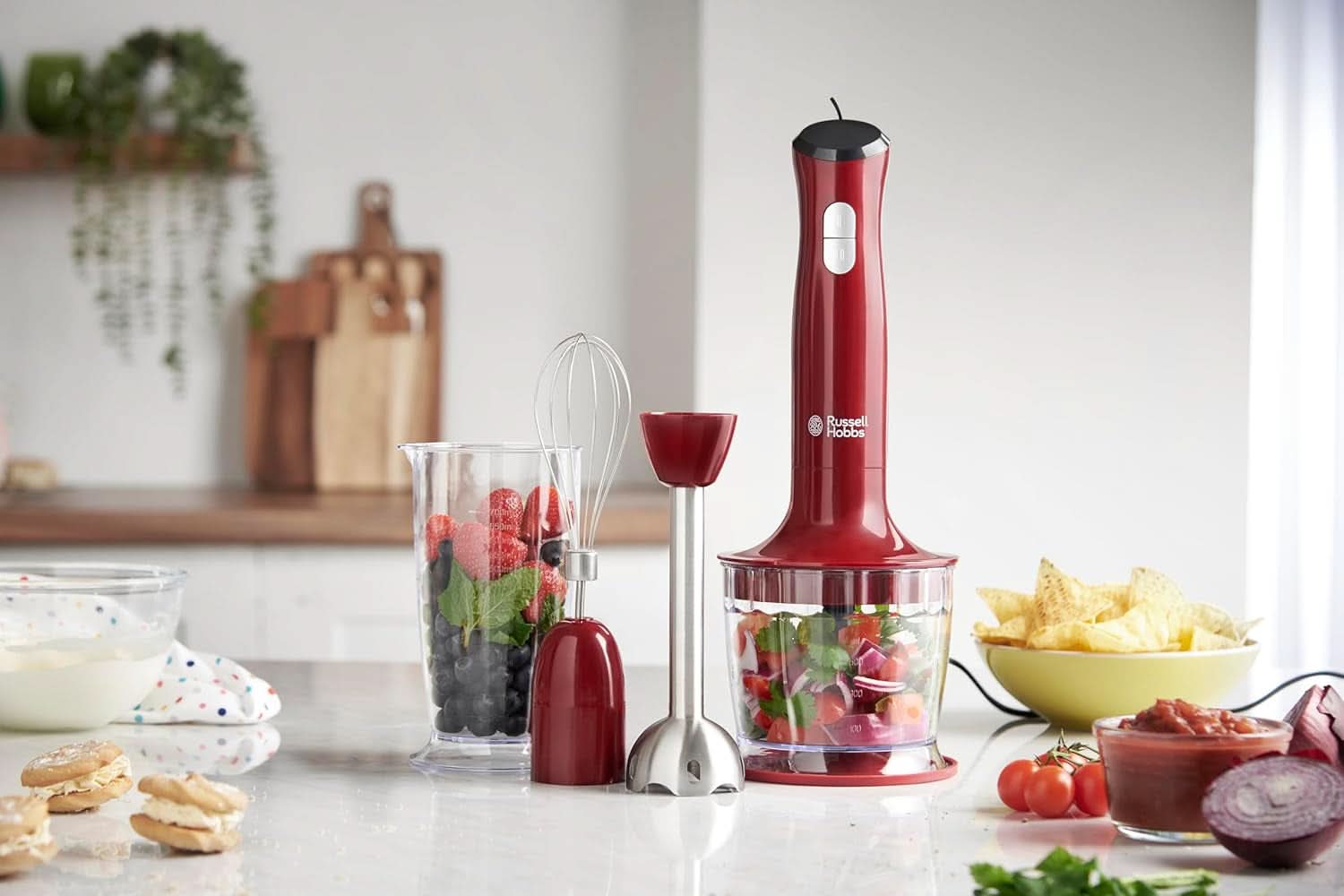 Russell Hobbs Stabmixer [3-In-1: Pürierstab/Zerkleinerer, Mixer- & Schneebesenaufsatz] Desire Rot (Bpa-Free & Spülmaschinenfestes Zubehör, Für Smoothie, Suppen Saucen, Joghurt Babynahrung) 24700-56 Kitchen Naty Shop