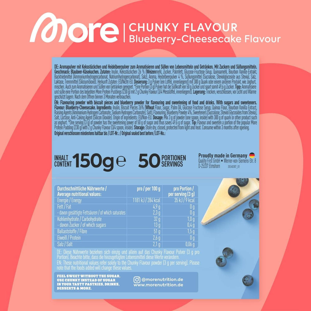 MEHR Chunky Flavour, Blueberry Cheesecake, Aromapulver zum Süßen mit Inulin und Laktase, 150 Gramm Süßstoffe Naty Shop