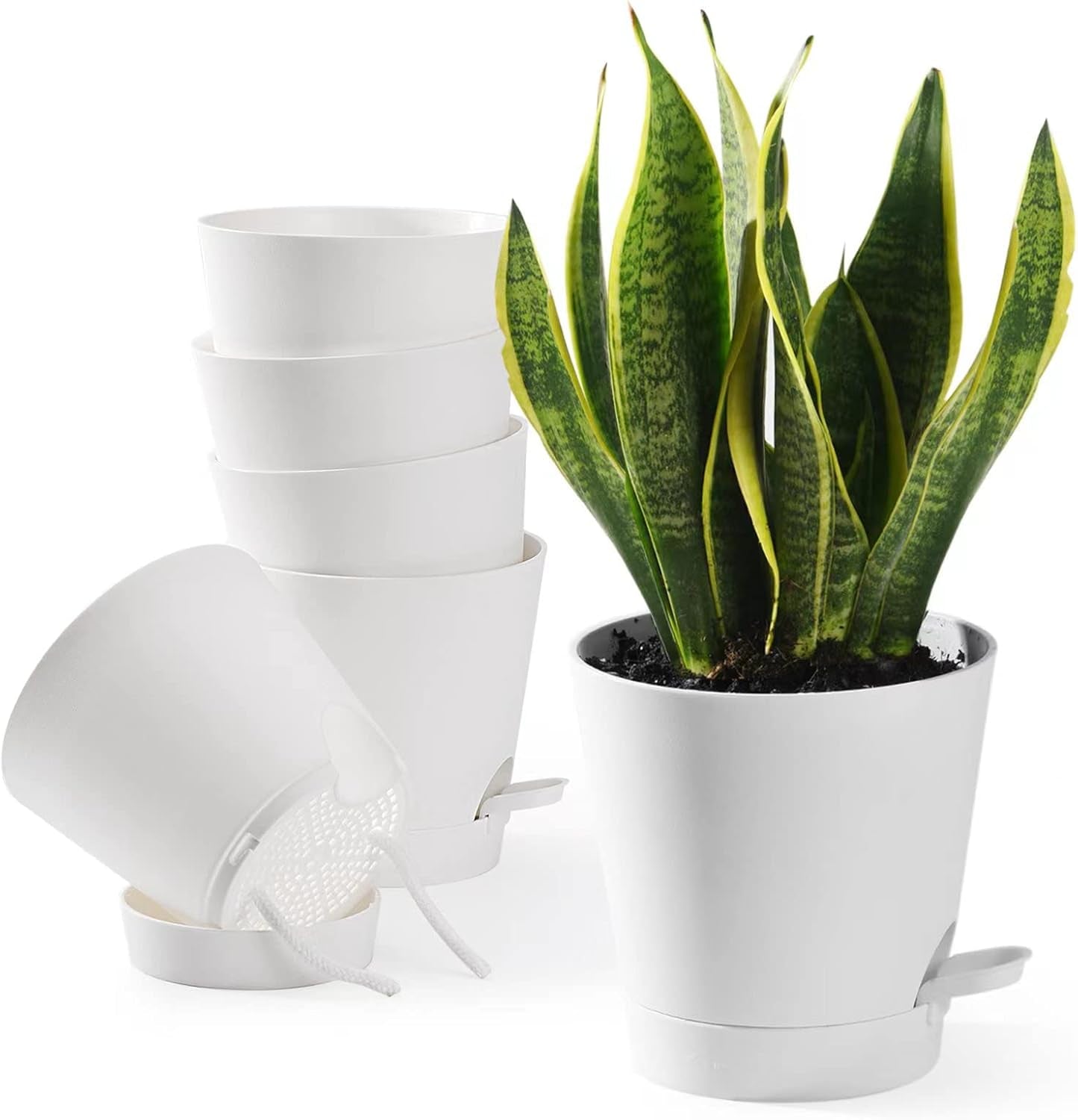 Ghivece de flori, 6 bucăți, 12,7 cm, jardiniere cu auto-udare, drenaj ridicat, ghivece de flori pentru interior și exterior, cu tavă rezervor și margine de udare, jardinieră de grădină, grădină