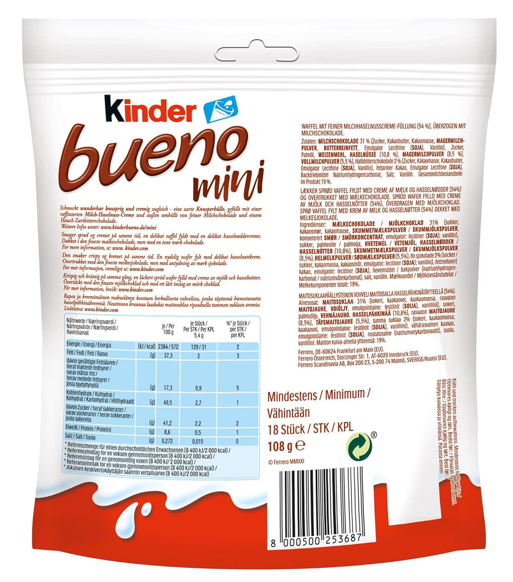 Kinder Bueno Mini – Knusprige Waffel-Schokoriegel, Milchcreme und Haselnüsse und feine Milchschokolade – Karnevals-Leckereien – 1 Beutel Mini einzeln verpackte Riegel (1 x 108 g)