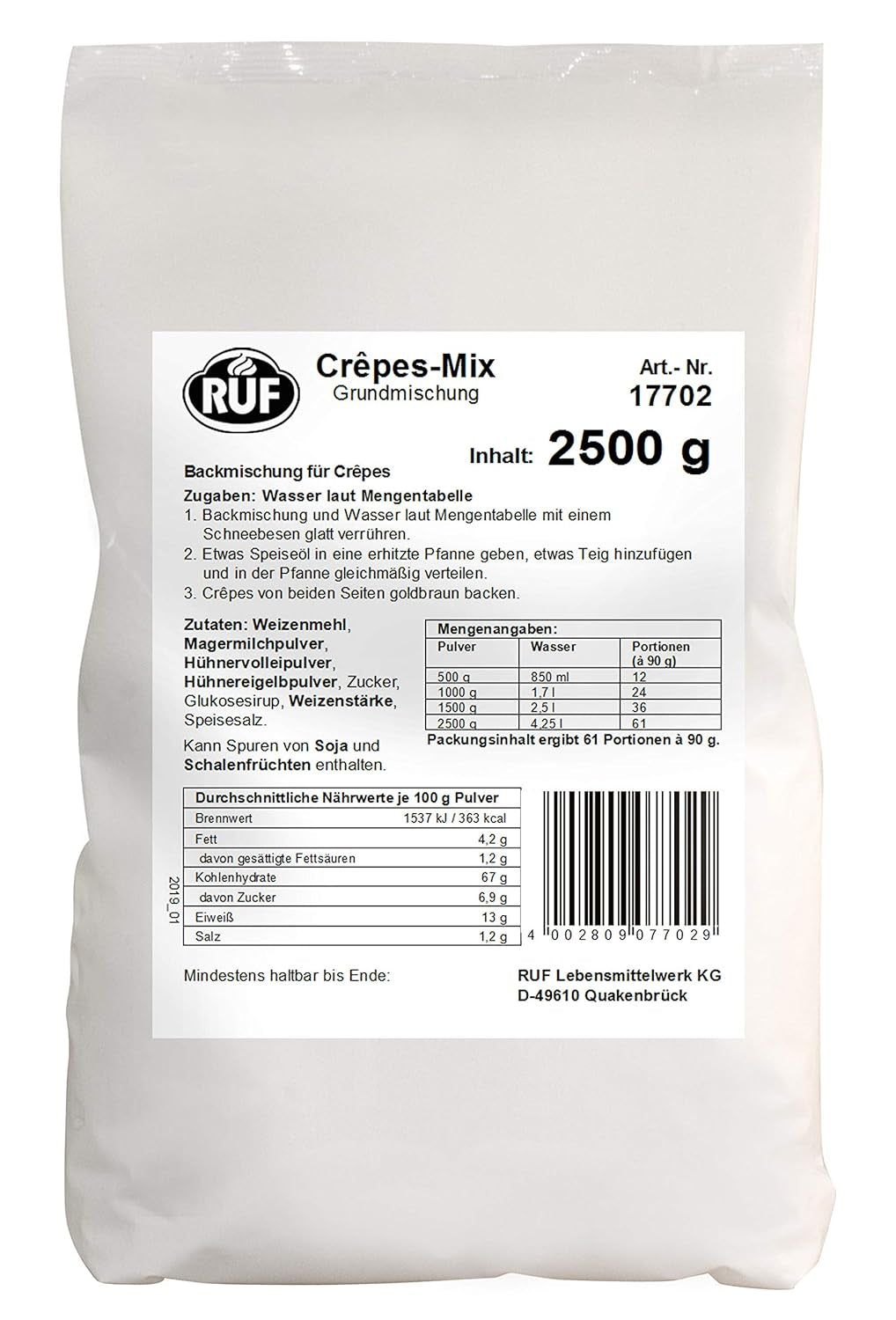 RUF Waffel-Mix, Großpackung, Grundmischung Zur Herstellung Von Waffeln Im Waffeleisen, Für Großküchen, Kantinen, Hotels Und Restaurants, 1 X 2500G Mix zum Backen und Kochen Naty Shop Crêpesteig Single